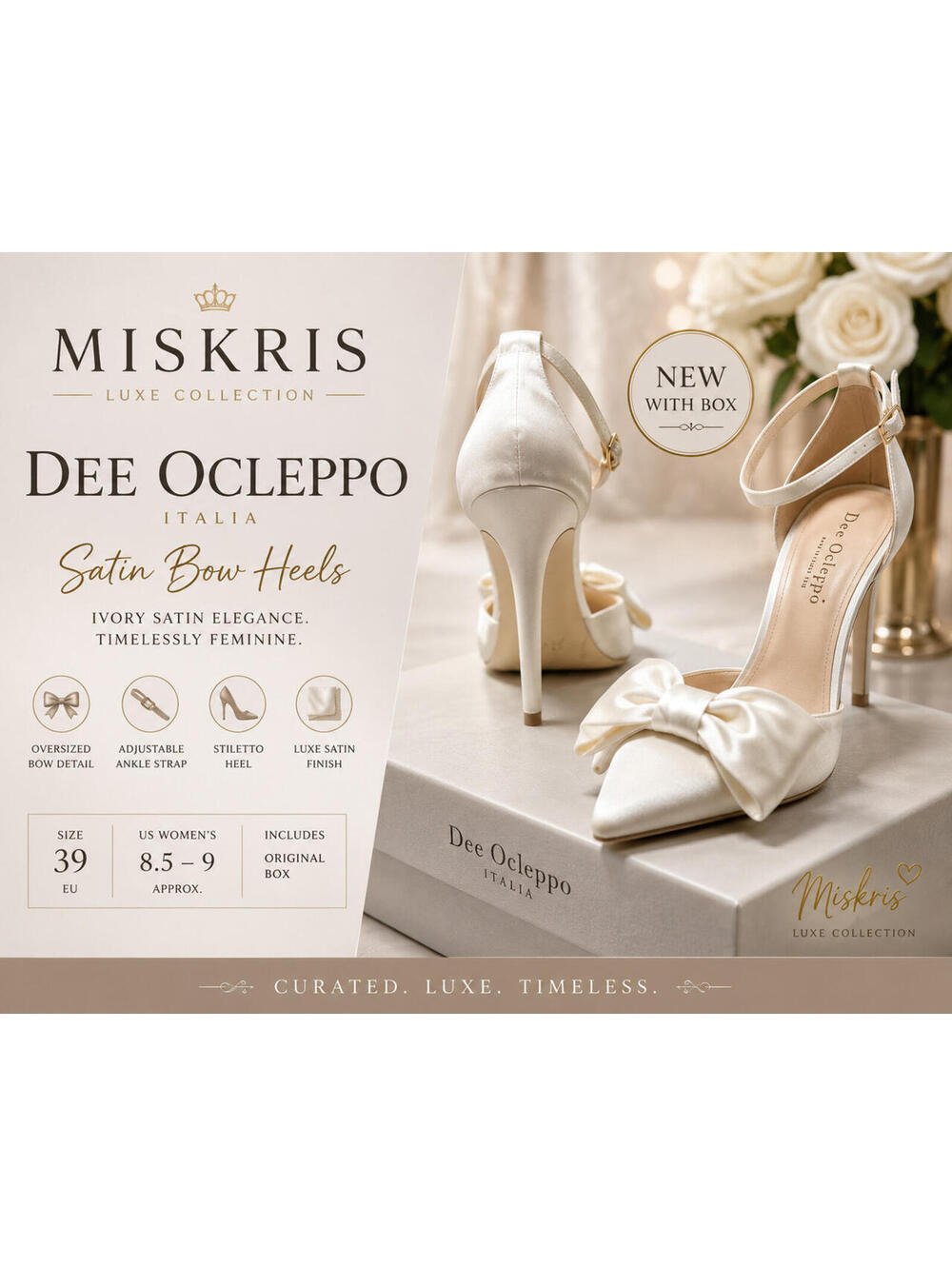 Dee Ocleppo Italia Satin Ivory Bow Heels Pumps Ankle Strap Stiletto Size 39
